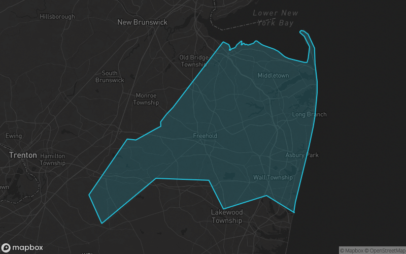 Map of Monmouth County, New Jersey showing the county boundary and surrounding cities