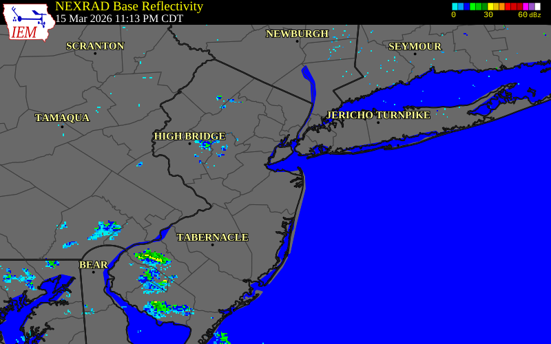 NEXRAD radar during the Monday, March 16, 2026 storm activity in Monmouth County, New Jersey