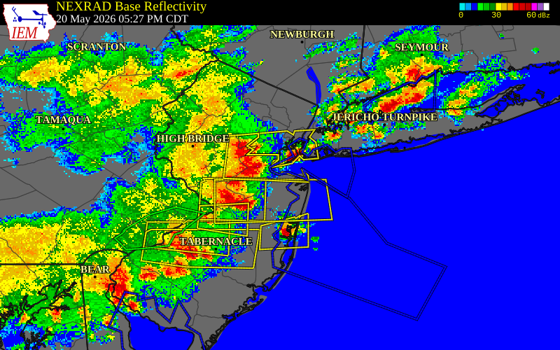 NEXRAD radar during the Wednesday, May 20, 2026 storm activity in Monmouth County, New Jersey
