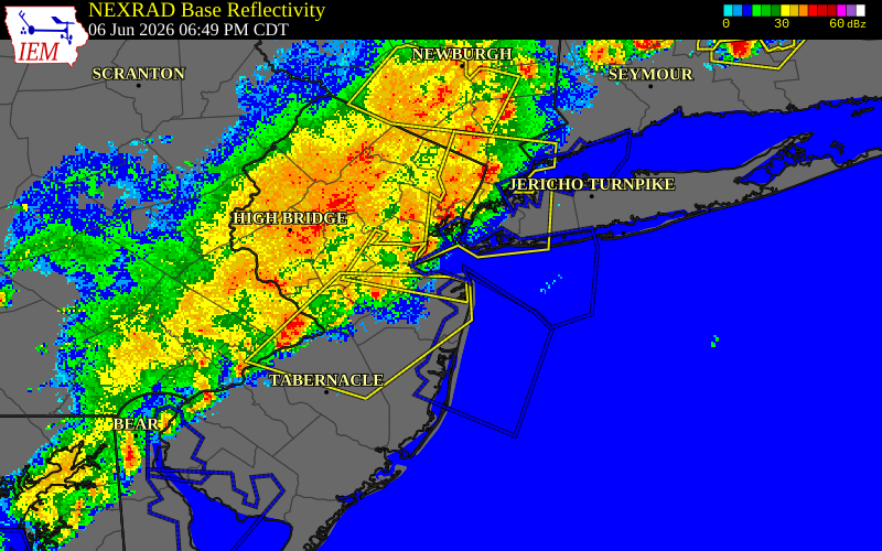 NEXRAD radar during the Saturday, June 6, 2026 storm activity in Monmouth County, New Jersey