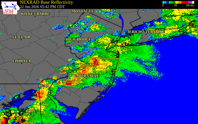 NEXRAD radar during the Monday, June 22, 2026 storm activity in Monmouth County, New Jersey