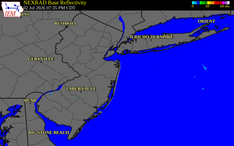 NEXRAD radar during the Thursday, July 2, 2026 storm activity in Monmouth County, New Jersey