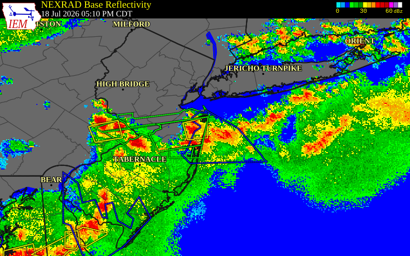 NEXRAD radar during the Saturday, July 18, 2026 storm activity in Monmouth County, New Jersey