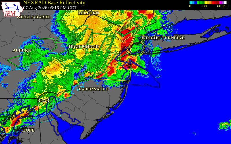 NEXRAD radar during the Friday, August 7, 2026 storm activity in Monmouth County, New Jersey