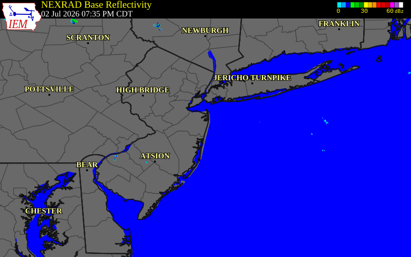 Radar snapshot during the Jul 2, 2026 wind event near 1 NE Neptune City, Monmouth County, New Jersey, with NWS warning polygons