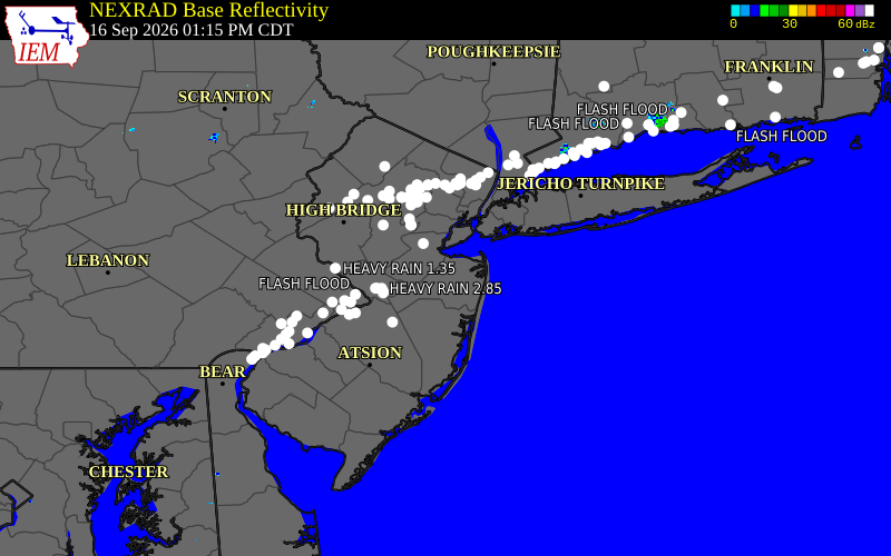 Current NEXRAD radar over Monmouth County, New Jersey with recent storm report locations