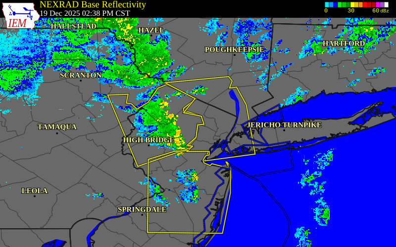 NEXRAD radar during the Friday, December 19, 2025 storm activity in Morris County, New Jersey