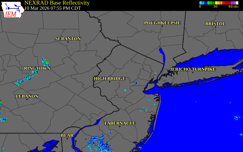 NEXRAD radar during the Tuesday, March 10, 2026 storm activity in Morris County, New Jersey