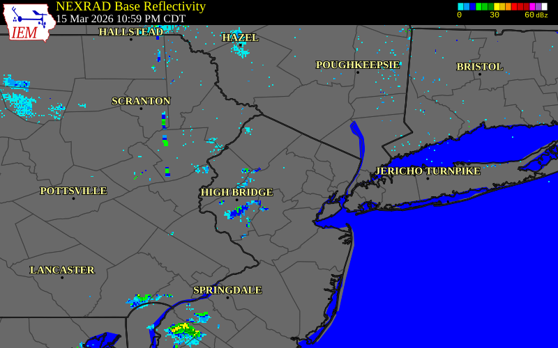 NEXRAD radar during the Sunday, March 15, 2026 storm activity in Morris County, New Jersey