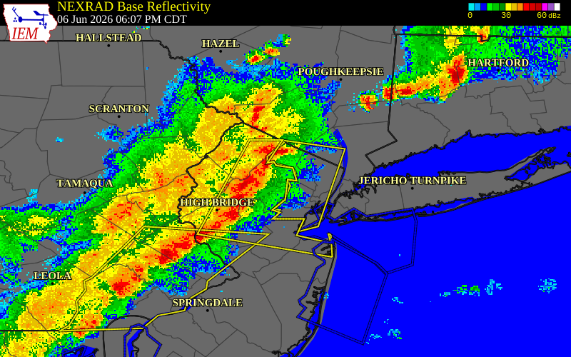 NEXRAD radar during the Saturday, June 6, 2026 storm activity in Morris County, New Jersey