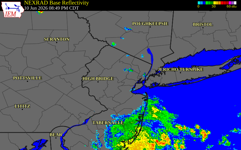 NEXRAD radar during the Wednesday, June 10, 2026 storm activity in Morris County, New Jersey