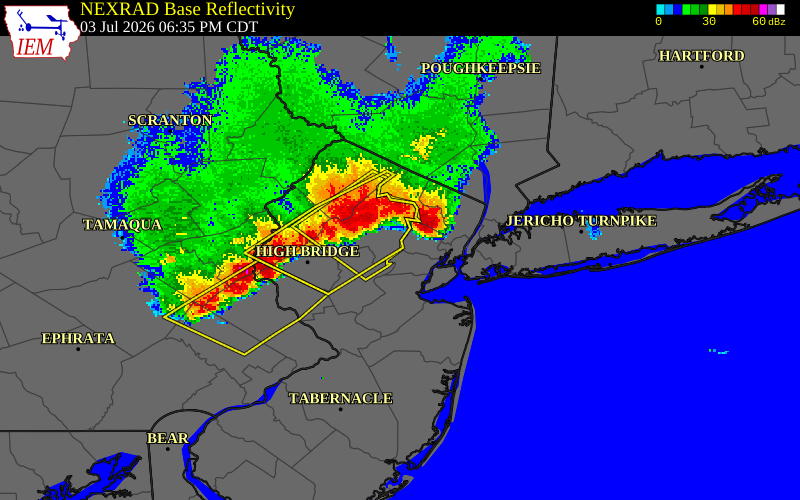 NEXRAD radar during the Friday, July 3, 2026 storm activity in Morris County, New Jersey