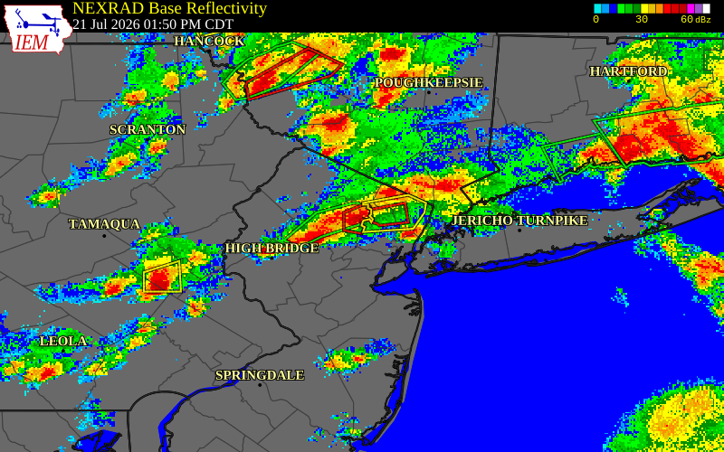 NEXRAD radar during the Tuesday, July 21, 2026 storm activity in Morris County, New Jersey