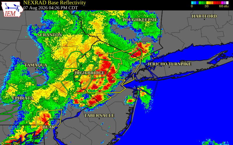 NEXRAD radar during the Friday, August 7, 2026 storm activity in Morris County, New Jersey