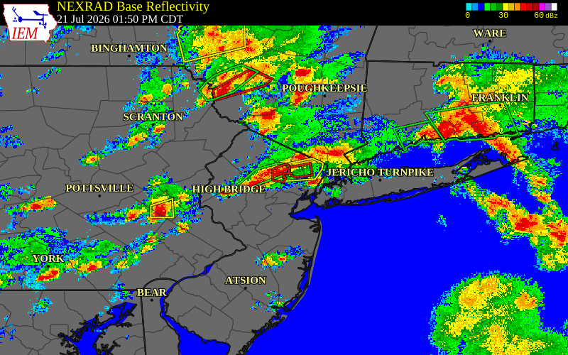 Radar snapshot during the Jul 21, 2026 tornado event near 1 N Pine Brook, Morris County, New Jersey, with NWS warning polygons