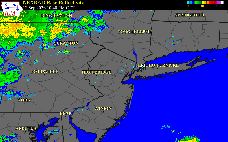 Current NEXRAD radar over Morris County, New Jersey with recent storm report locations