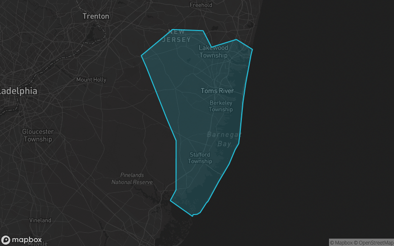 Map of Ocean County, New Jersey showing the county boundary and surrounding cities