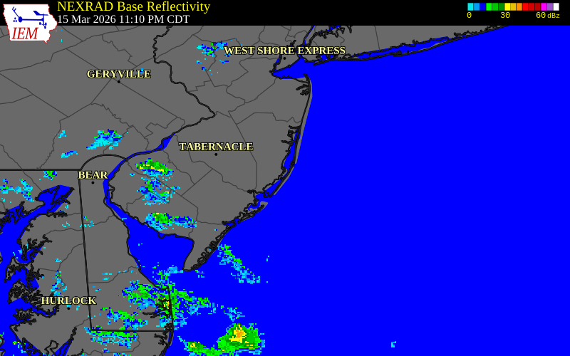 NEXRAD radar during the Monday, March 16, 2026 storm activity in Ocean County, New Jersey