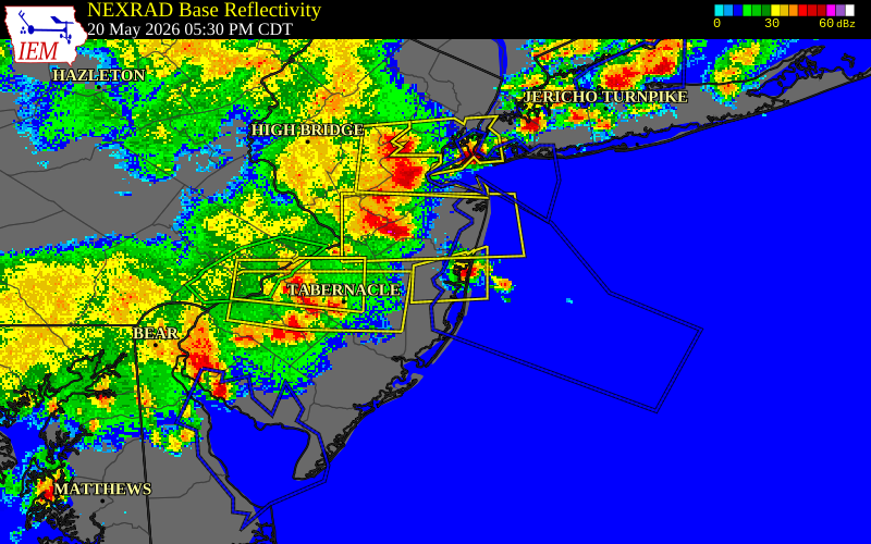 NEXRAD radar during the Wednesday, May 20, 2026 storm activity in Ocean County, New Jersey