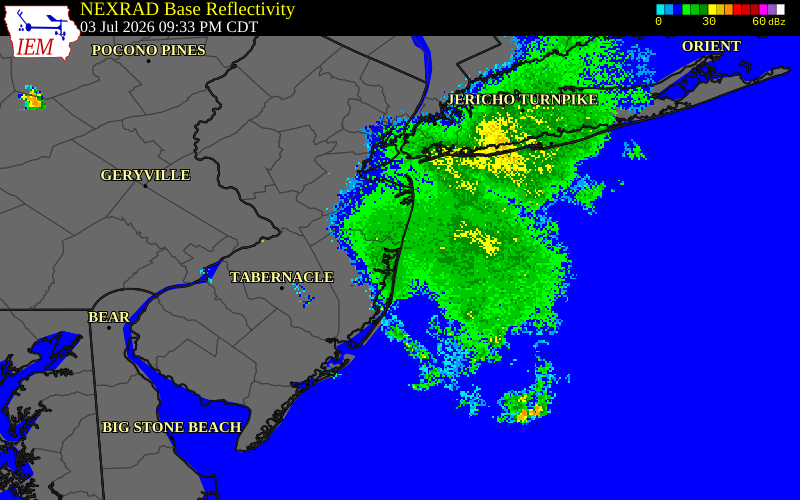 NEXRAD radar during the Friday, July 3, 2026 storm activity in Ocean County, New Jersey