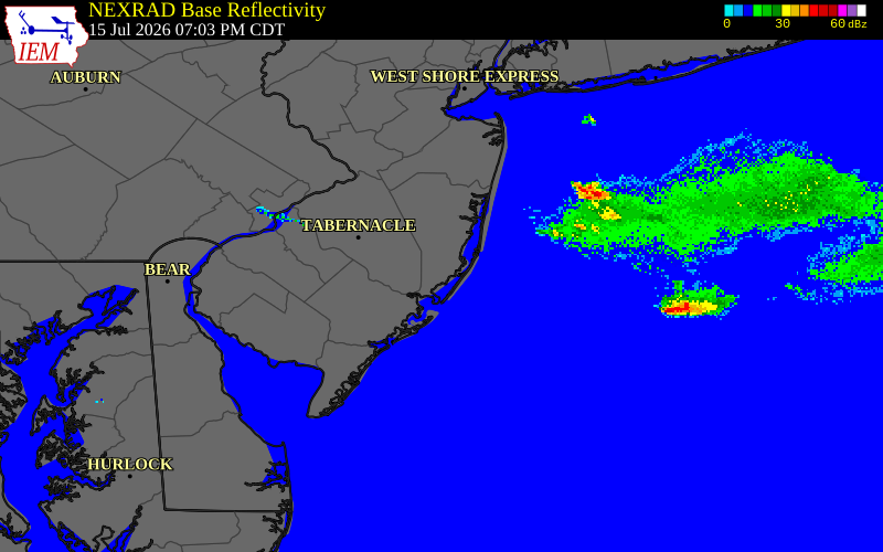 NEXRAD radar during the Wednesday, July 15, 2026 storm activity in Ocean County, New Jersey