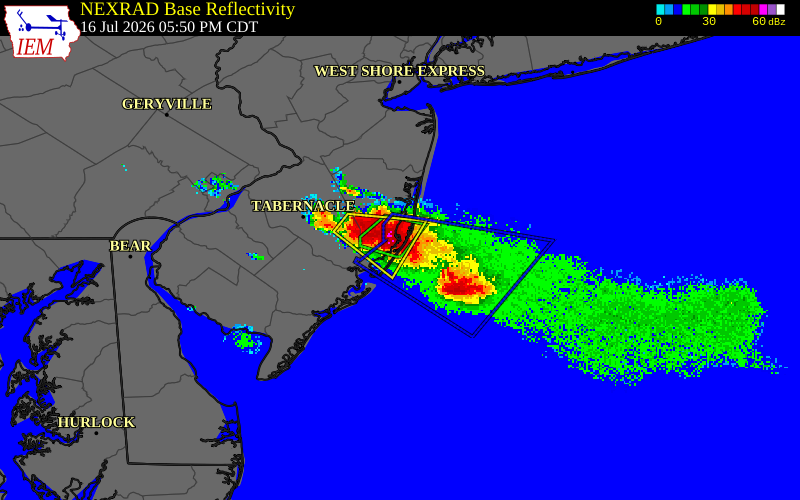 NEXRAD radar during the Thursday, July 16, 2026 storm activity in Ocean County, New Jersey