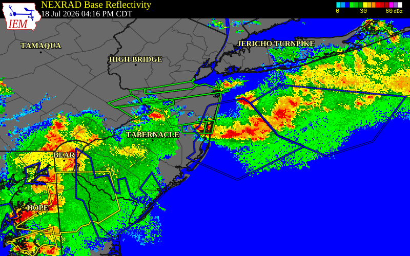NEXRAD radar during the Saturday, July 18, 2026 storm activity in Ocean County, New Jersey