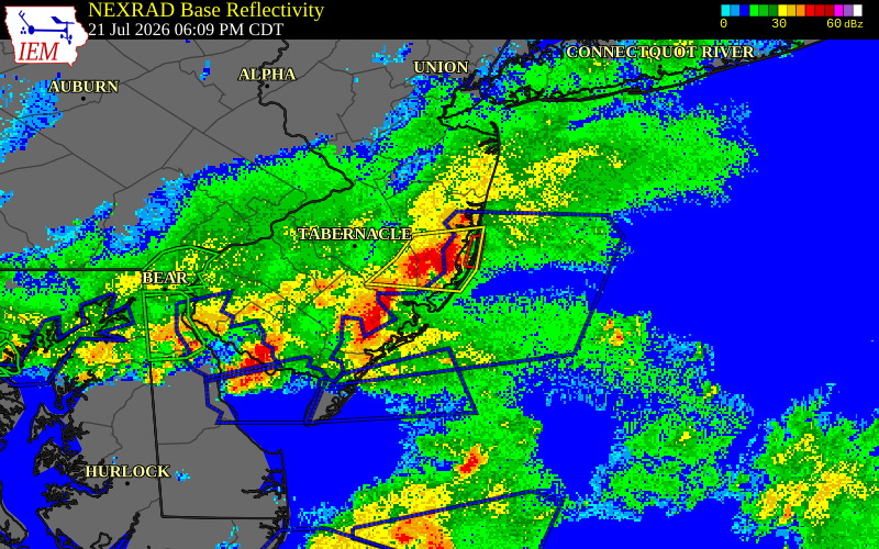 NEXRAD radar during the Tuesday, July 21, 2026 storm activity in Ocean County, New Jersey