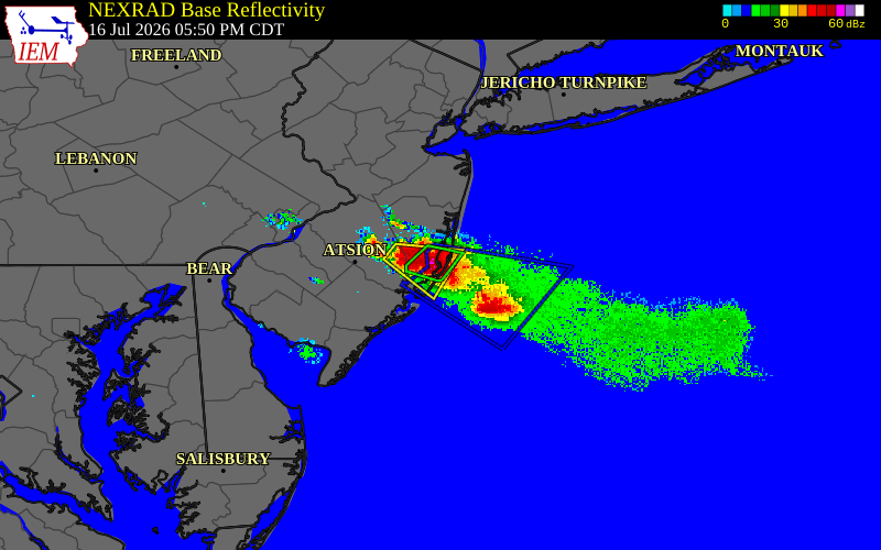 Radar snapshot during the Jul 16, 2026 wind event near Surf City, Ocean County, New Jersey, with NWS warning polygons