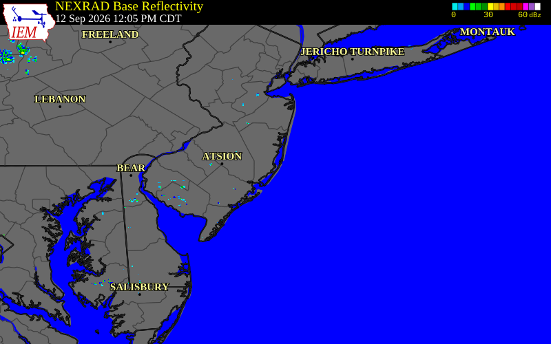Current NEXRAD radar over Ocean County, New Jersey with recent storm report locations