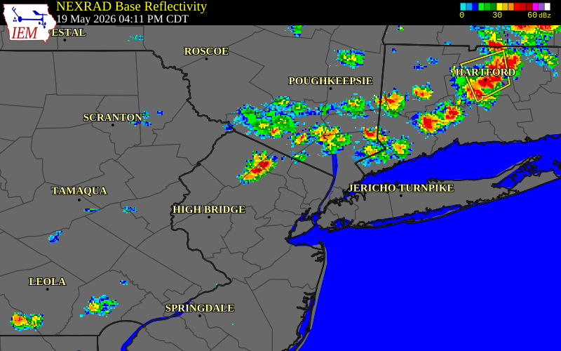 NEXRAD radar during the Tuesday, May 19, 2026 storm activity in Passaic County, New Jersey
