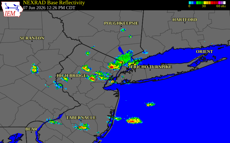 NEXRAD radar during the Sunday, June 7, 2026 storm activity in Passaic County, New Jersey