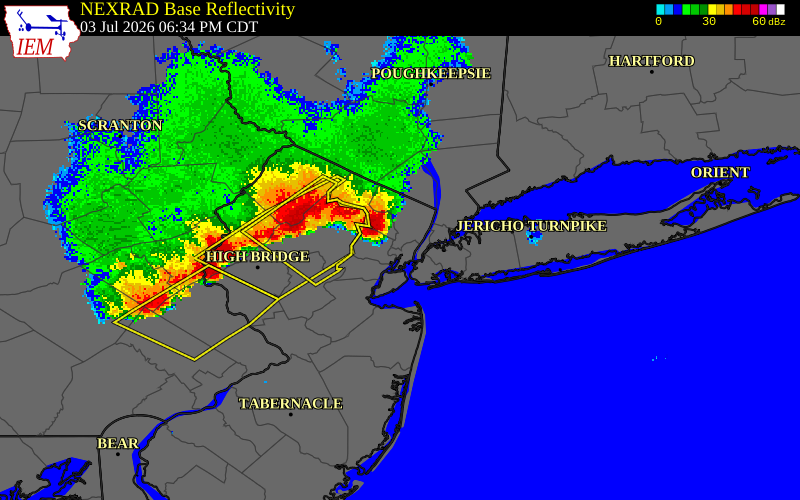 NEXRAD radar during the Friday, July 3, 2026 storm activity in Passaic County, New Jersey