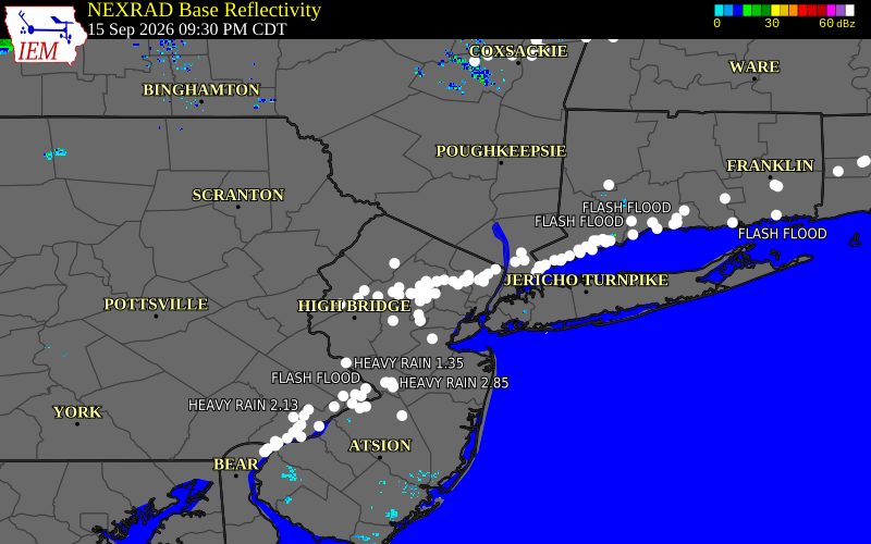 Current NEXRAD radar over Passaic County, New Jersey with recent storm report locations