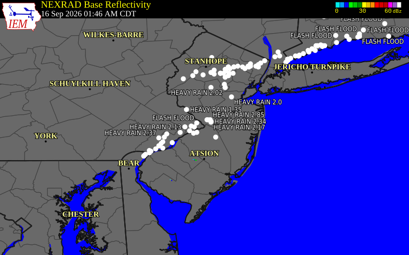 Current NEXRAD radar across New Jersey with recent storm report locations