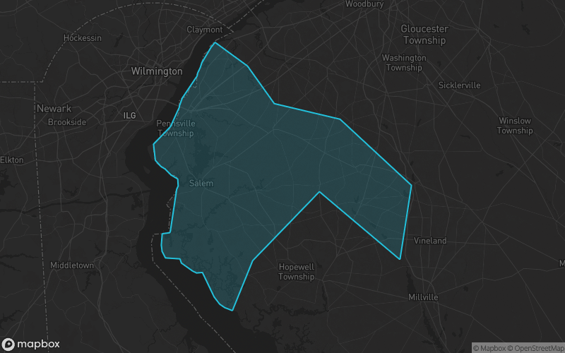 Map of Salem County, New Jersey showing the county boundary and surrounding cities