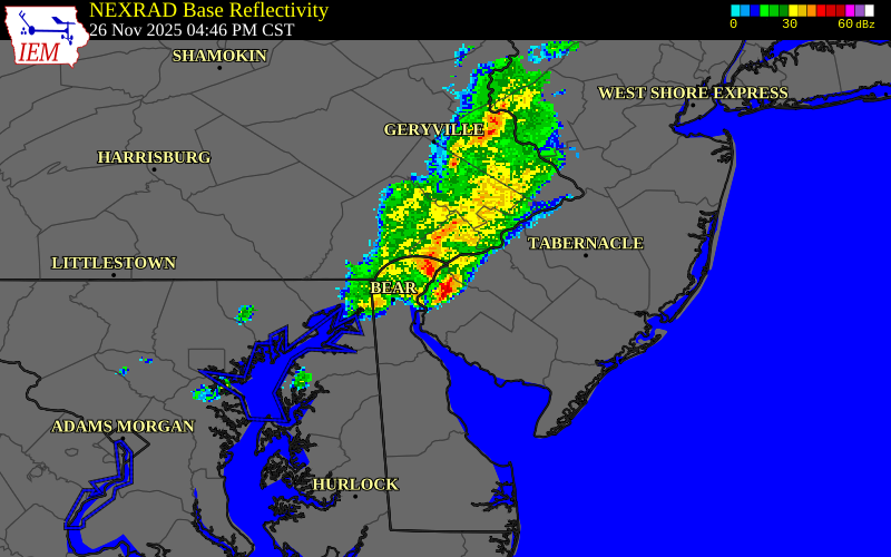 NEXRAD radar during the Wednesday, November 26, 2025 storm activity in Salem County, New Jersey