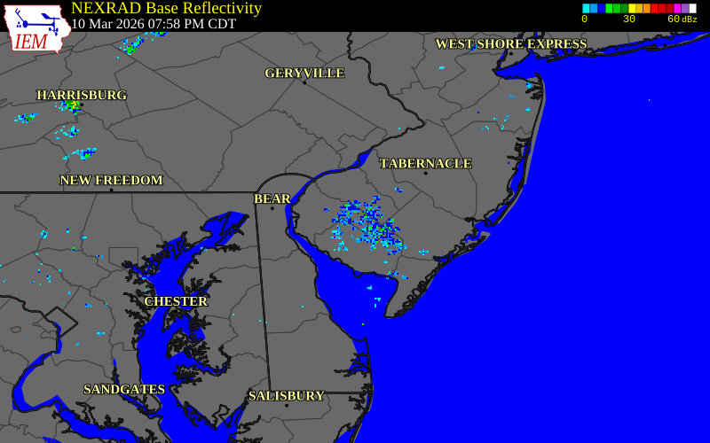 NEXRAD radar during the Tuesday, March 10, 2026 storm activity in Salem County, New Jersey