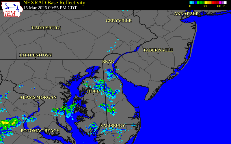 NEXRAD radar during the Sunday, March 15, 2026 storm activity in Salem County, New Jersey
