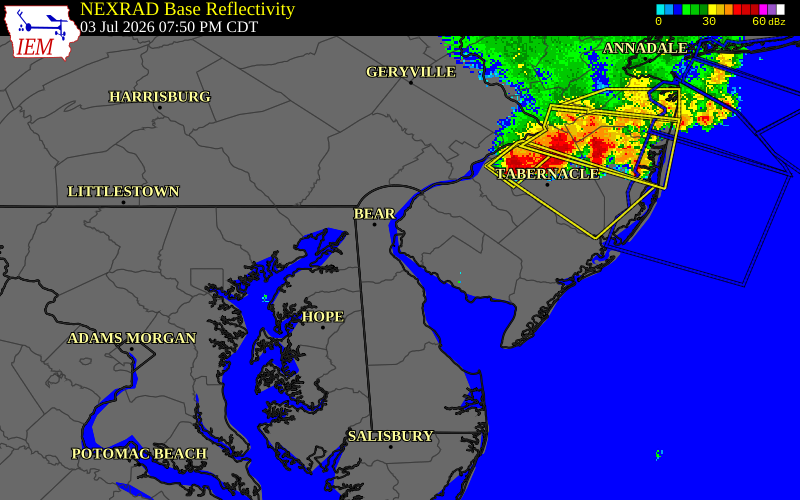 NEXRAD radar during the Friday, July 3, 2026 storm activity in Salem County, New Jersey