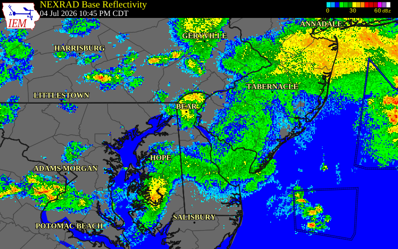 NEXRAD radar during the Saturday, July 4, 2026 storm activity in Salem County, New Jersey