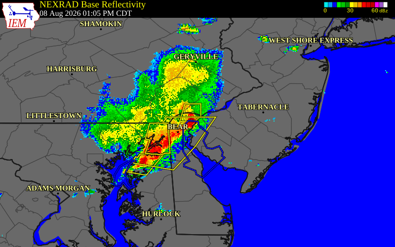 NEXRAD radar during the Saturday, August 8, 2026 storm activity in Salem County, New Jersey