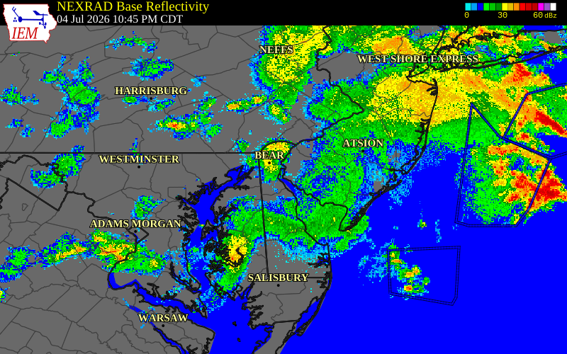 Radar snapshot during the Jul 4, 2026 wind event near Lower Alloways Creek, Salem County, New Jersey, with NWS warning polygons