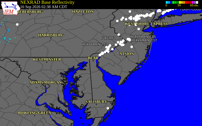 Current NEXRAD radar over Salem County, New Jersey with recent storm report locations