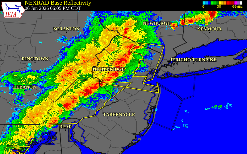 NEXRAD radar during the Saturday, June 6, 2026 storm activity in Somerset County, New Jersey