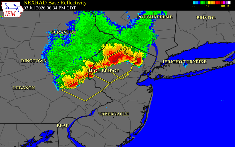 NEXRAD radar during the Friday, July 3, 2026 storm activity in Somerset County, New Jersey