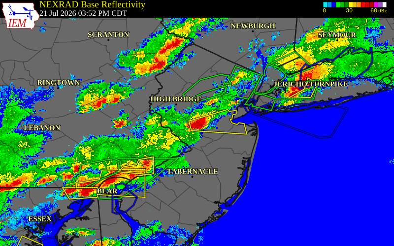NEXRAD radar during the Tuesday, July 21, 2026 storm activity in Somerset County, New Jersey