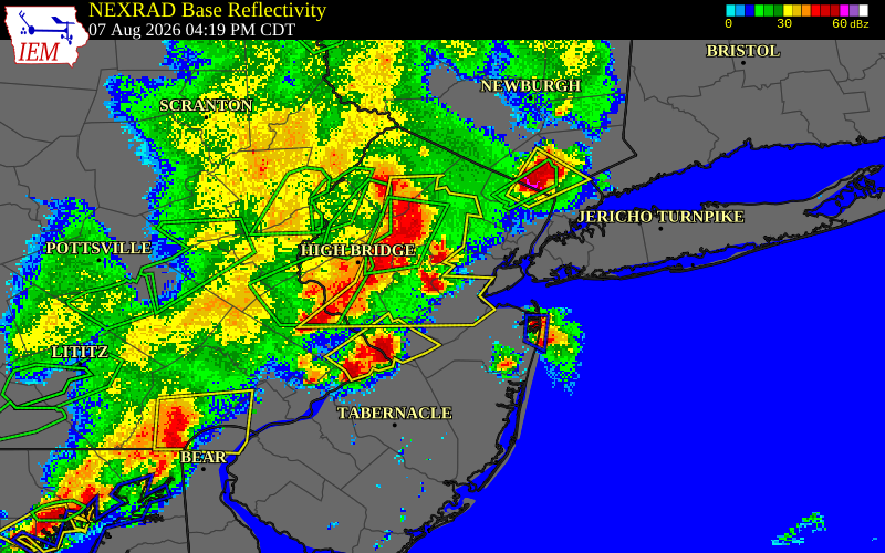 NEXRAD radar during the Friday, August 7, 2026 storm activity in Somerset County, New Jersey