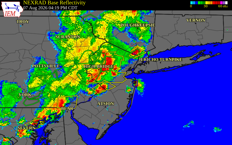 Radar snapshot during the Aug 7, 2026 wind event near Green Brook Twp, Somerset County, New Jersey, with NWS warning polygons
