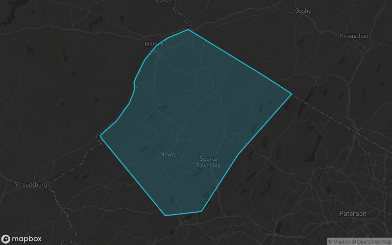 Map of Sussex County, New Jersey showing the county boundary and surrounding cities